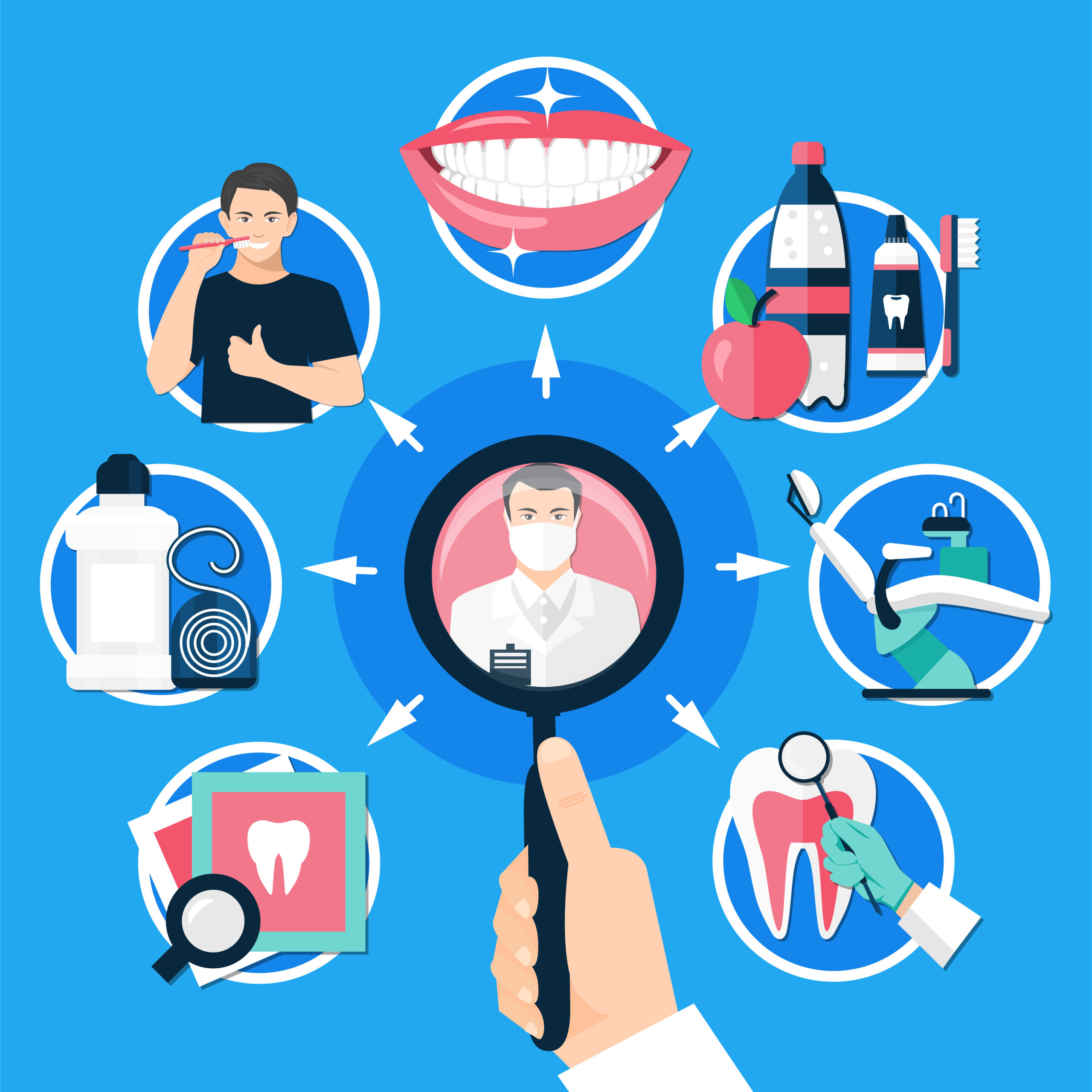 Dental round design concept with man hand holding magnifying glass for searching methods of treatment and prevention of dental diseases flat vector illustration
